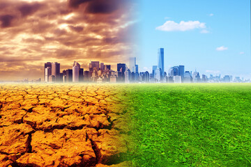Global warming - the city, barren land and green meadow, collage