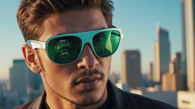 a man wearing futuristic augmented reality glasses displaying digital information overlays in an urban environment