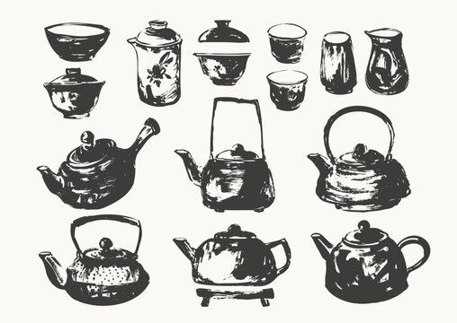 Hand drawn ink sketch of teapots, tea cups traditional japanese sumi-e style