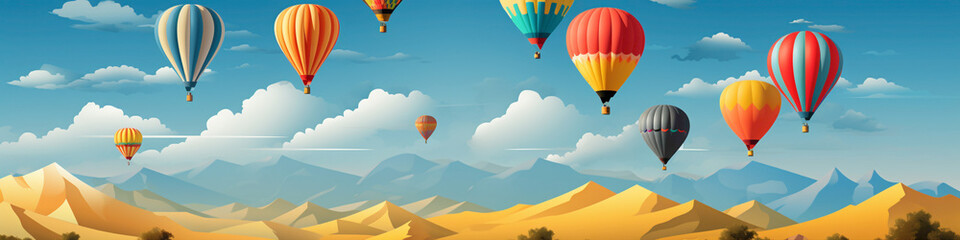A field of colorful hot air balloons against a clear blue sky, with a banner advertising a local festival or community event. - obrazy, fototapety, plakaty