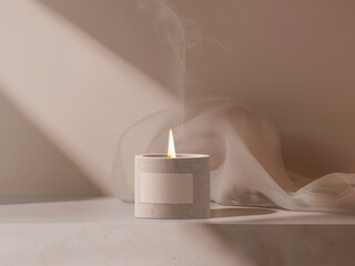 Candle Mockup in a concrete candlestick. 3D Illustration