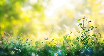 Green lawn with flowers, light background, watercolor illustration wildflowers in summer