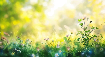 Fotobehang Green lawn with flowers, light background, watercolor illustration wildflowers in summer © Maksim
