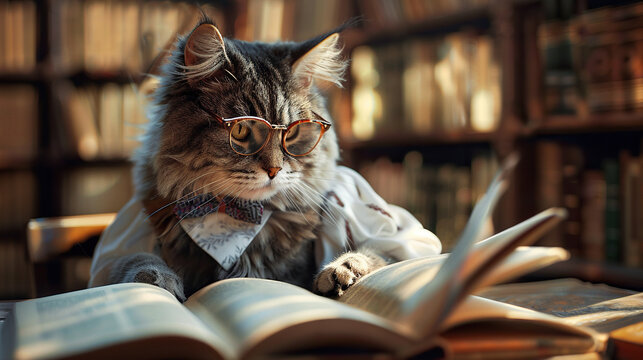a cat with bow tie in neck and glasses with open book in library, learning, reading book 