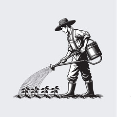 farmer man wearing hat do cultivation crop black and white vector illustration
