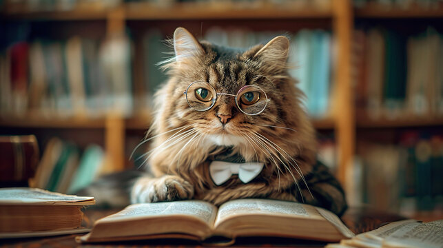 a cat with bow tie in neck and glasses with open book in library, learning, reading book 