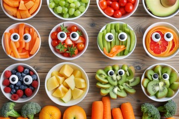 Child nutrition concept with fruits and vegetables with eyes in containers on wooden table. Top elevated view.