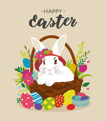 Happy Easter vector card. Spring greeting card drawing. Vertical card with rabbit, eggs, spring flowers.