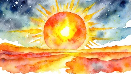 Deurstickers Watercolor Sunrise Landscape Painting © VGV