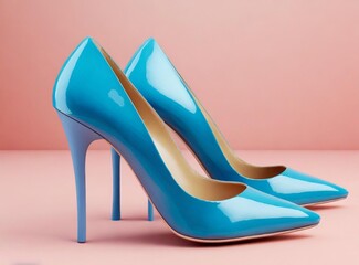 Blue High heels Isolated on Pink Background. 3D Rendering Illustration Design. Fashion Creative Concept Background.