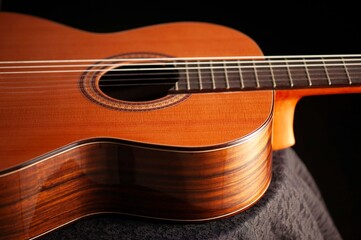 Classical Spanish flamenco guitar close up, dramatically lit isolated on black background with copy...