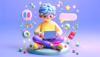 Boy is wearing a yellow sweater and blue pants. the boy is smiling and looking at the laptop. The background is a light blue color.