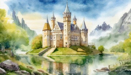 Enchanting Watercolor Painting of a Fairytale Castle by a Lake - obrazy, fototapety, plakaty