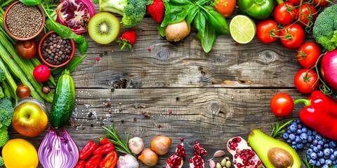 Overflowing with vibrant colors and healthy options, this fresh, organic spread of fruits and vegetables offers abundant copyspace. - Powered by Adobe