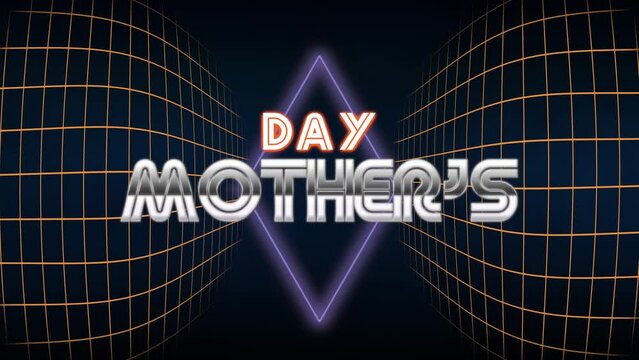 The logo for Mothers Day depicts a mother carrying her child on her back, with the company name written in neon orange and blue letters. A grid pattern in blue and orange serves as the backdrop