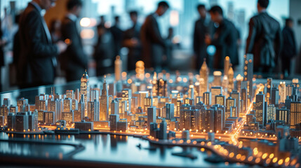 photo of a 3d model of an urban city, people in suits gathered around the model  - obrazy, fototapety, plakaty