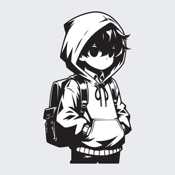 boy wearing uniform and hoodie go to school black and white vector illustration