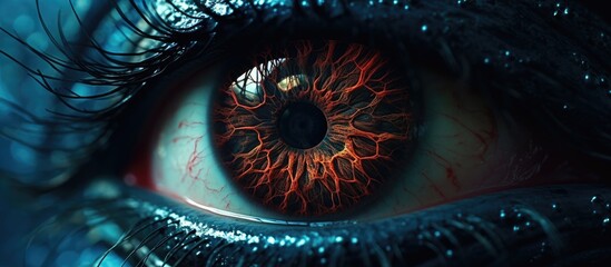 A closeup of a womans eye with electric blue eyelash, magenta eyeshadow, and a red pupil in darkness, showcasing the artistry of macro photography and symmetry in the circular flesh - obrazy, fototapety, plakaty