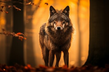 Majestic wolf silhouette in misty autumn forest, wildlife scenery of nature beauty