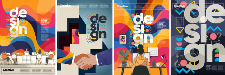 Naklejka premium Design, creativity and business. Vector modern abstract geometric illustration of advertising agency, graphic design at computer at work, handshake, creative office for poster, flyer or background