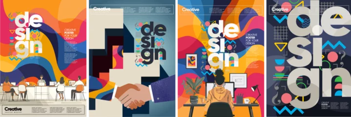 Fotobehang Design, creativity and business. Vector modern abstract  geometric illustration of advertising agency, graphic design at computer at work, handshake, creative office for poster, flyer or background © Ardea-studio