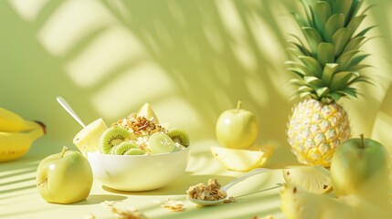 spoon with granola and milk, green apples and pineapple in light, yellow background, healthy food, superfood, food photography, copy and text space, 16:9