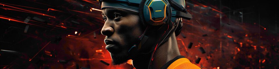 Unique banner capturing the future of sports technology, featuring creative concepts for enhancing athletic performance and experiences - obrazy, fototapety, plakaty