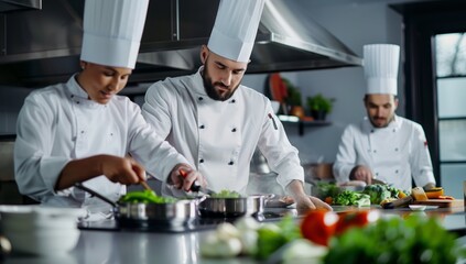 A team of chefs in chefs uniforms are cooking and preparing cuisine using natural foods in the...