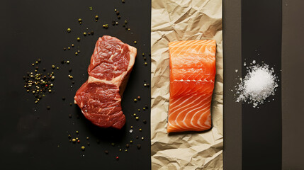 Black and beige split background with beef steak and salmon fillet. Food concept. Meat or fish. Generative AI