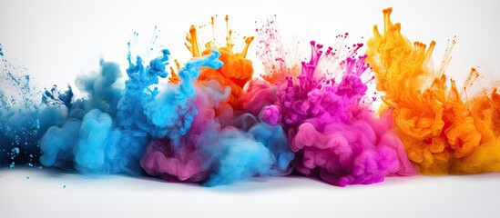 A vibrant row of purple, pink, and magenta ink splashes on a white background, resembling petals in...