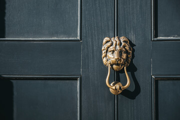Close up of a lion's head door knocker on a black door.