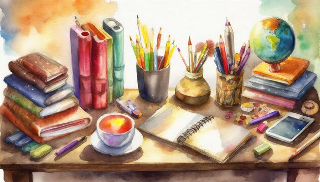 Colorful Watercolor Painting of Study Desk with Books and Art Supplies