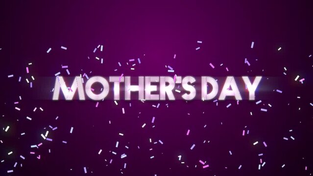Celebrate Mothers Day with this vibrant image featuring a purple Mothers Day text adorned with festive white confetti, set against a complementary purple background