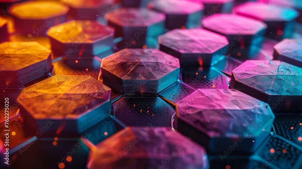 Poster tactile surface of hexagons, each emitting a different hue, symbolizing diversity and specialization