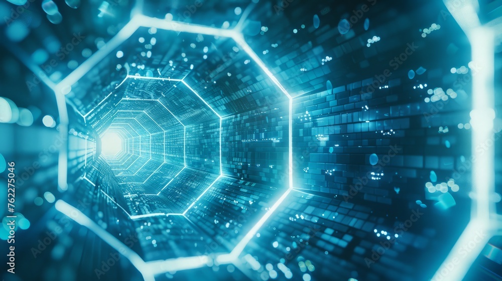 Poster cascade of hexagons descending into a digital void, portraying depth and dimension in cyberspace