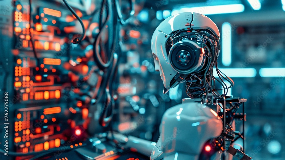 Poster sophisticated robot engaged in machine learning. generative ai