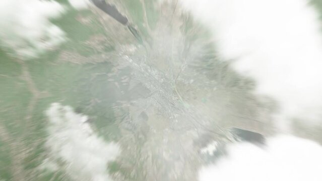 Earth zoom in from space to Pitesti, Romania. Followed by zoom out through clouds and atmosphere into space. Satellite view. Travel intro. Images from NASA