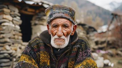 Fotobehang Portrait of an old man, an indigenous resident of a mountain village in the Caucasus in national clothes, personifying the national image of a mountain man © Александр Довянский