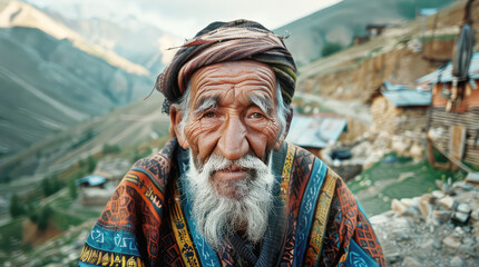 Portrait of an old man, an indigenous resident of a mountain village in the Caucasus in national clothes, personifying the national image of a mountain man - obrazy, fototapety, plakaty