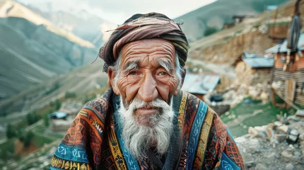 Fotobehang Portrait of an old man, an indigenous resident of a mountain village in the Caucasus in national clothes, personifying the national image of a mountain man © Александр Довянский
