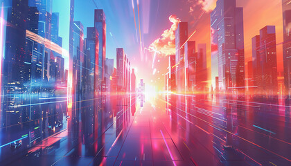 Abstract background with code. Abstract background with lights. Background with an ultra-modern city against the background of 3D holograms with news. Data concept.