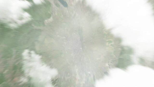 Earth zoom in from space to Bacau, Romania. Followed by zoom out through clouds and atmosphere into space. Satellite view. Travel intro. Images from NASA