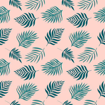 Handdrawn tropical pattern with green palm leaves. Seamless vector design on peach background.