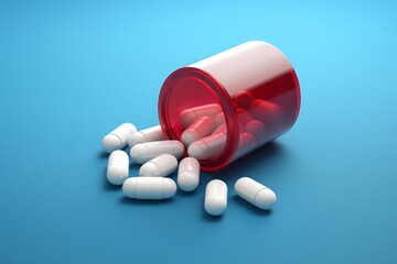 White pharmaceutical capsules with antibiotic spilled from a red jar on a blue background - obrazy, fototapety, plakaty