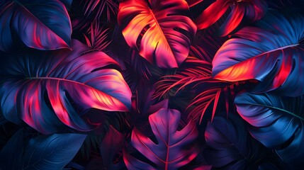 tropical leaves in neon light