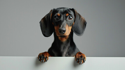 a dog holding blank card or poster , closeup view of animal pet face portrait and empty blank card or paper design template mockup photo