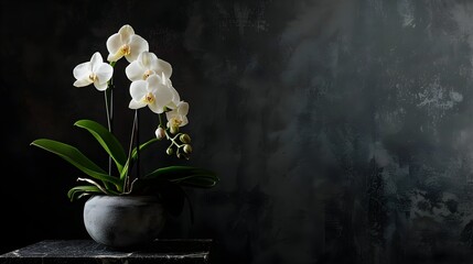 A flowerpot containing a blooming orchid is placed on a black stone table against a dark...