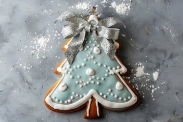 christmas cookie shaped and painted with icing hanging christmas decoration for a silver bow. Top view. Horizontal composition.