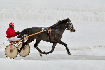 Horse rider during race at Moscow hippodrome on winter day.