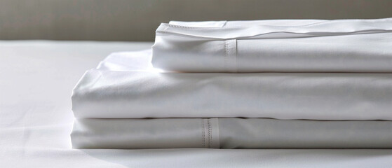 Fototapeta na wymiar Crisp white cotton sheets neatly folded and ready for a cozy night's sleep at home.